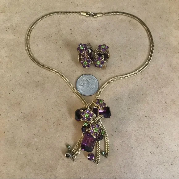 Rare Vintage Alice CAVINESS Purple Art Glass Rhinestone Tassel Designer Set - Picture 10 of 16